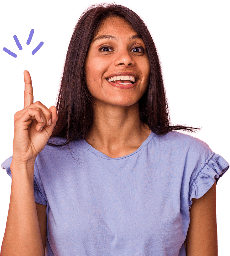 A woman having her right pointing finger up